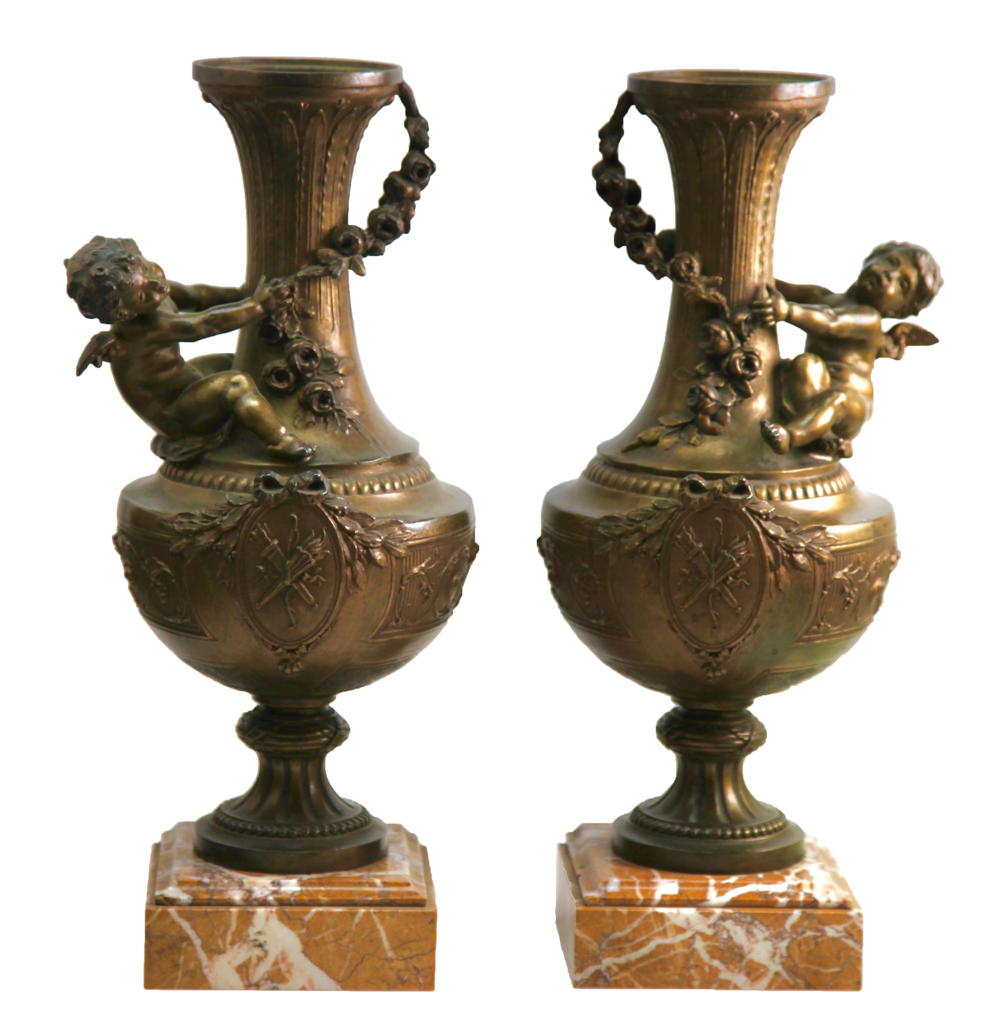 Pair of Ornamented Vases or Lamps with Little Angels and Richly Decorated For Sale 4