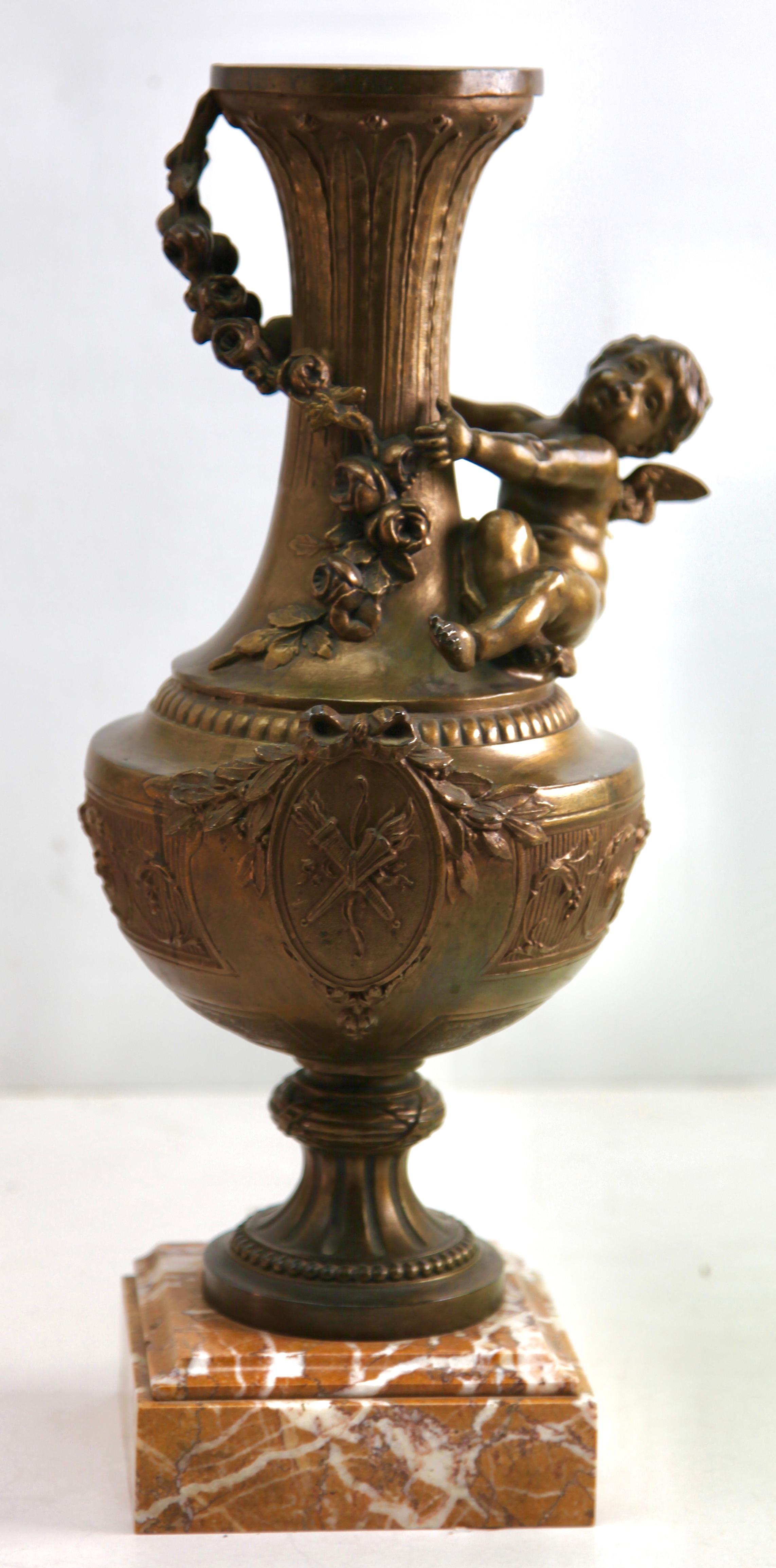 Early 20th Century Pair of Ornamented Vases or Lamps with Little Angels and Richly Decorated For Sale