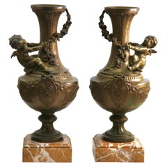 Antique Pair of Ornamented Vases or Lamps with Little Angels and Richly Decorated