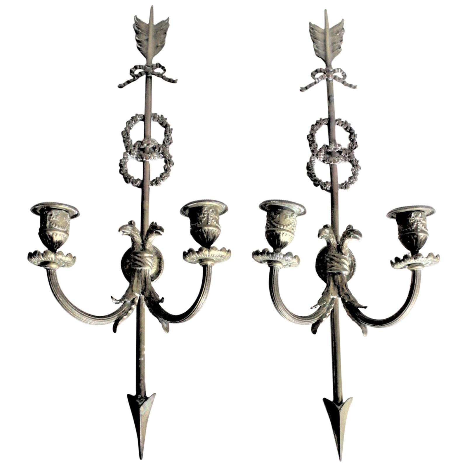 Pair of Ornate Antique Cast Bronze Wall Sconces / Candle Holders with Bird Motif