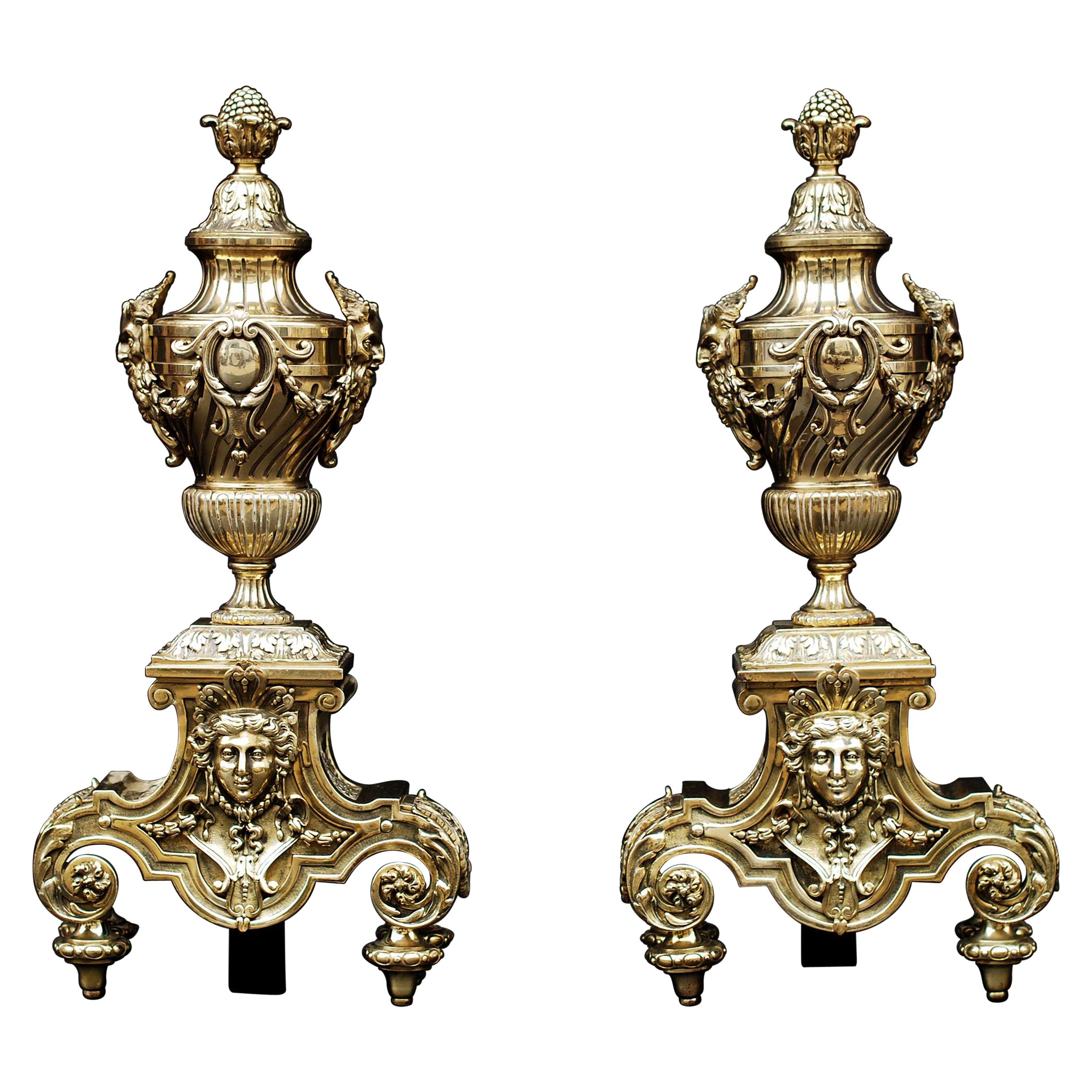 Pair of Ornate Brass Chenets For Sale