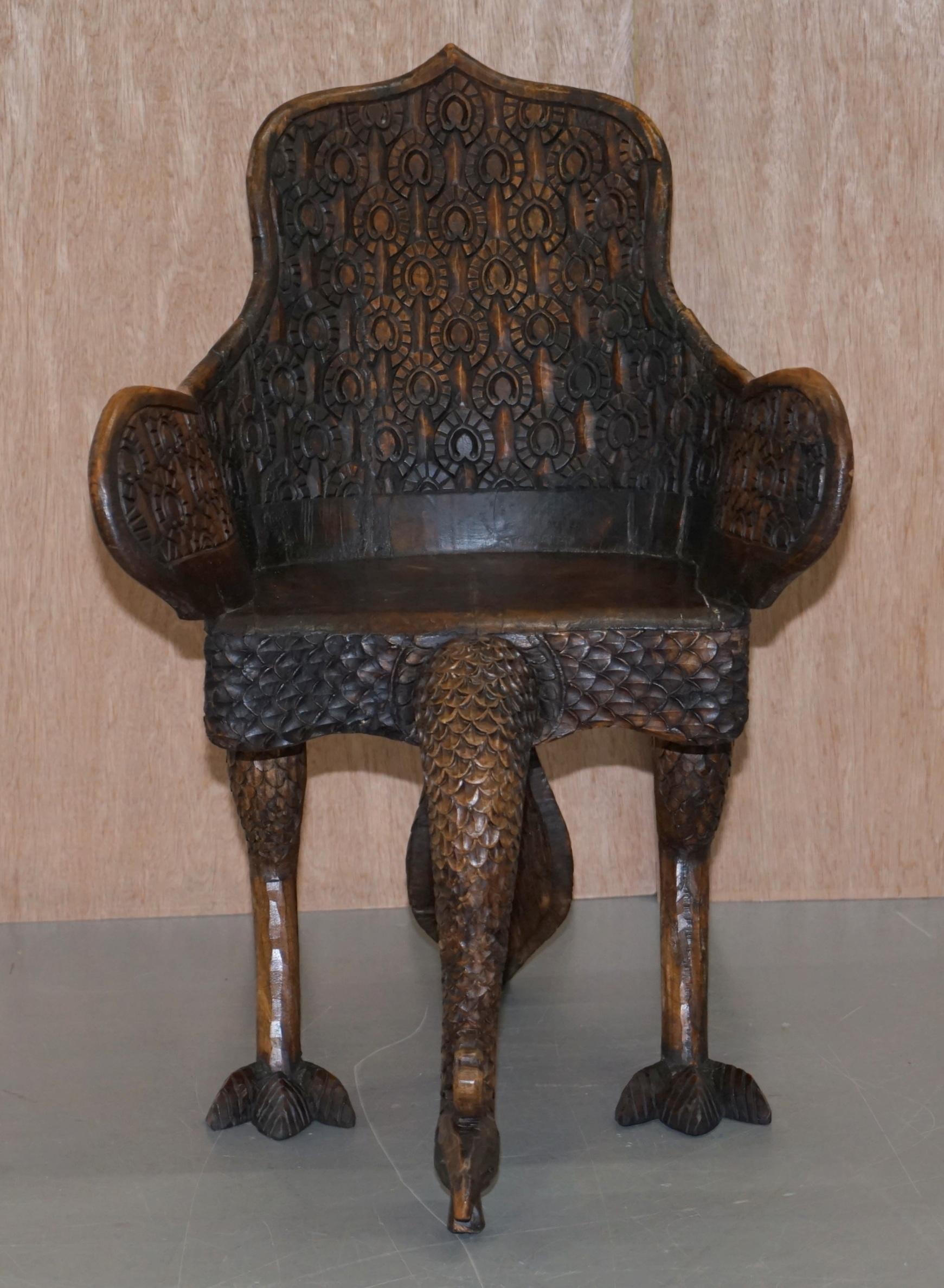 Pair of Ornate Burmese Anglo Indian Hand Carved circa 1880 Peacock Armchairs For Sale 8