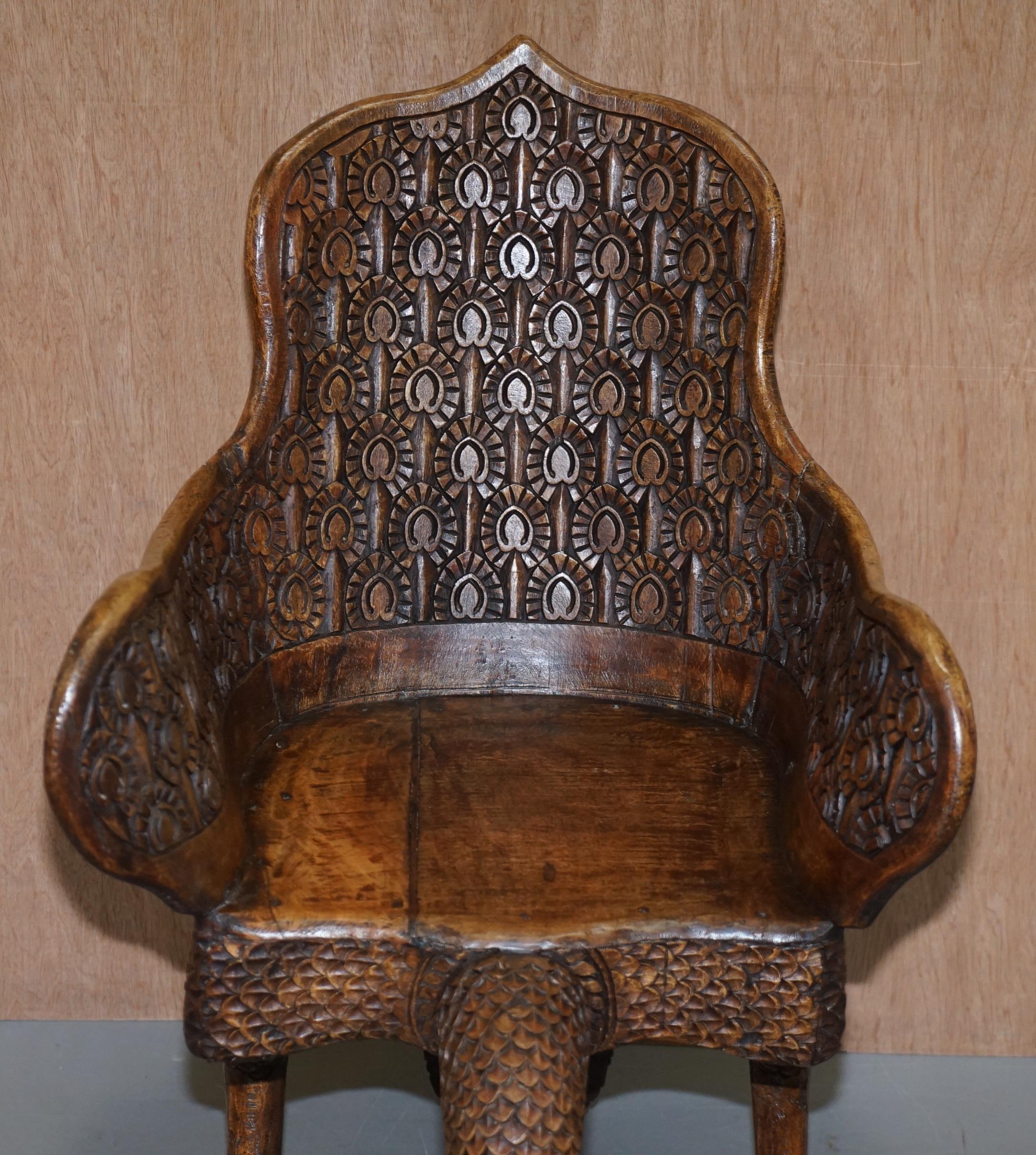 Anglo-Indian Pair of Ornate Burmese Anglo Indian Hand Carved circa 1880 Peacock Armchairs For Sale