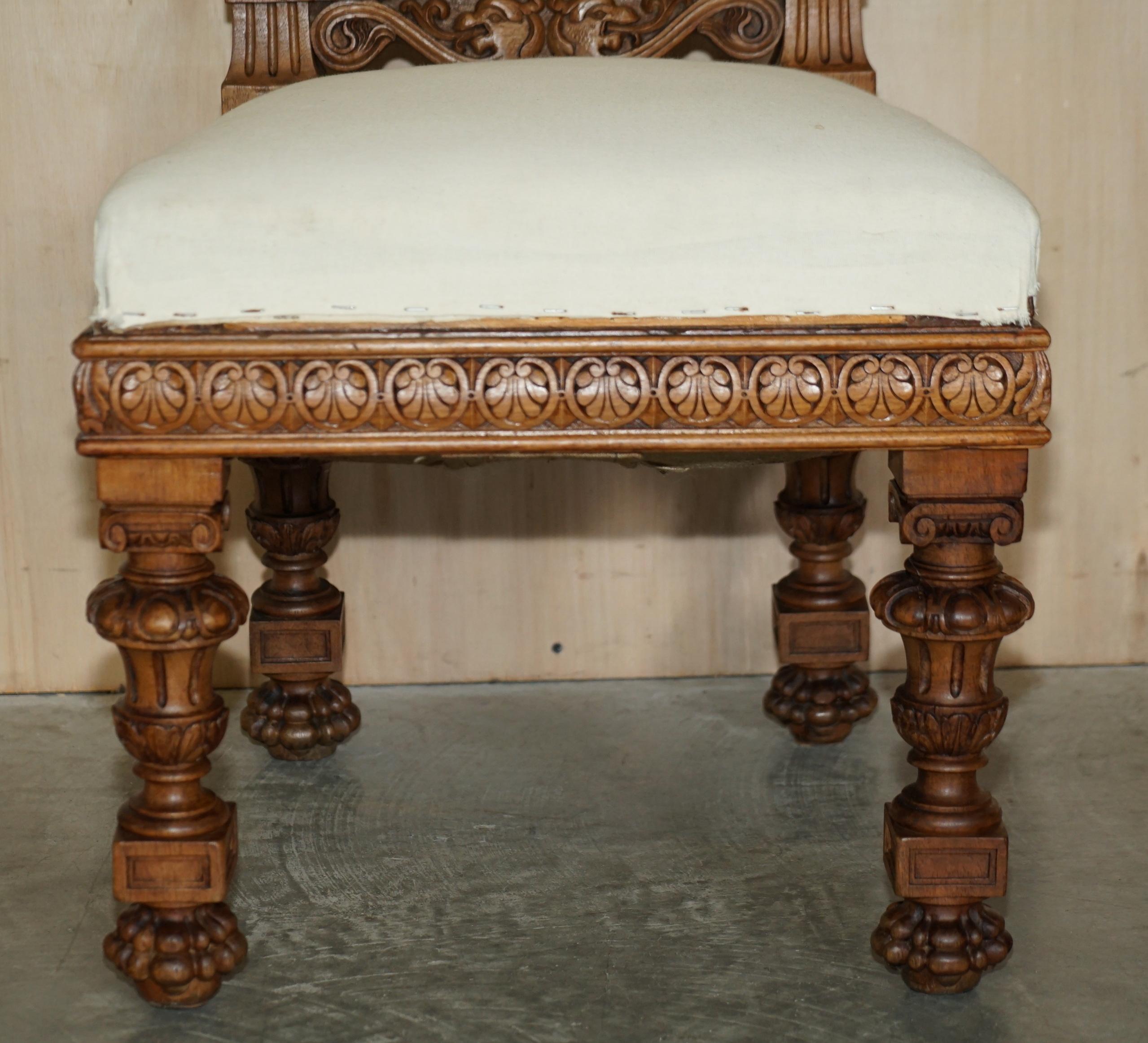 Pair of Ornate Carved Antique Italian Throne Chairs with Griffins / Dragons For Sale 6