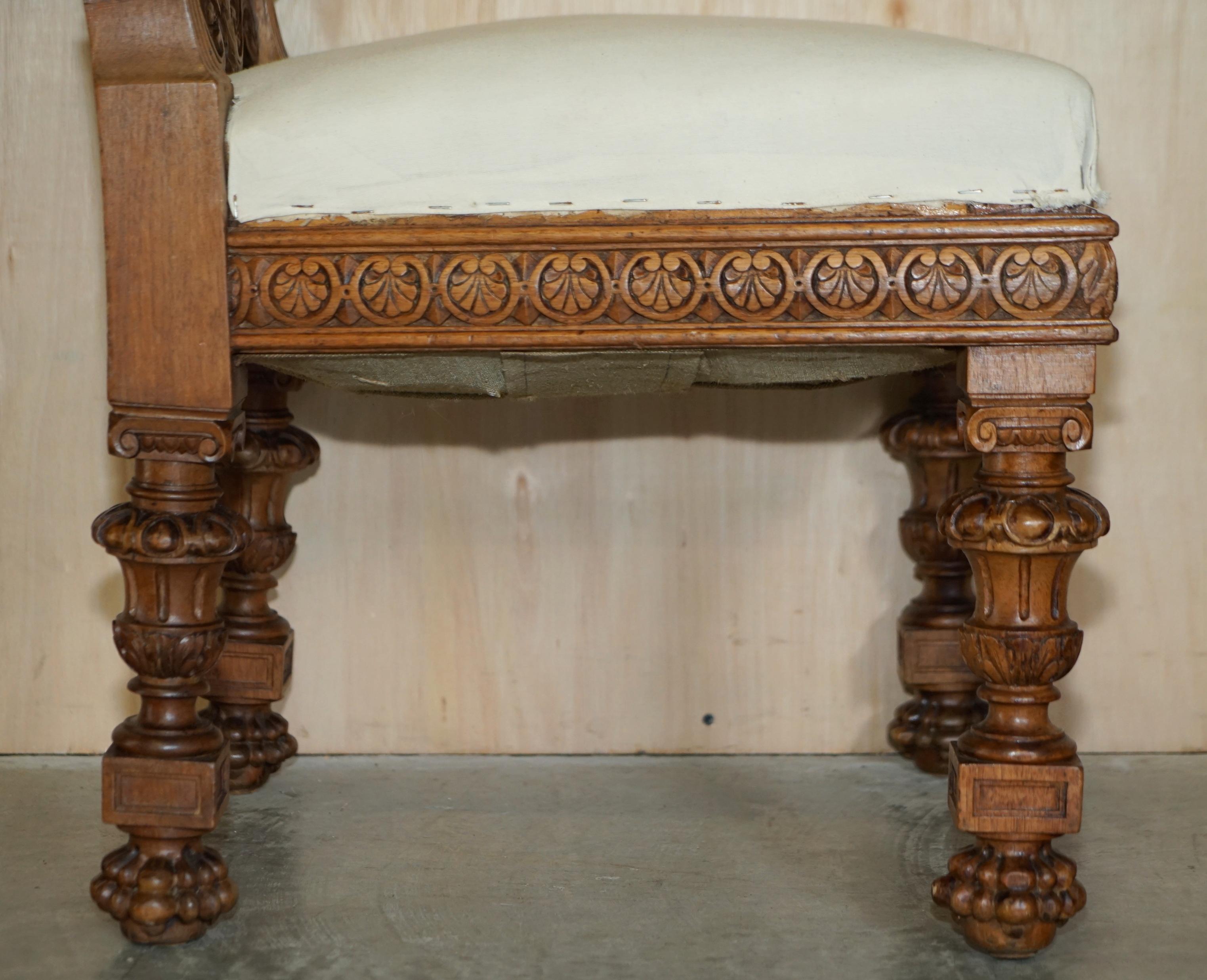 Pair of Ornate Carved Antique Italian Throne Chairs with Griffins / Dragons For Sale 11