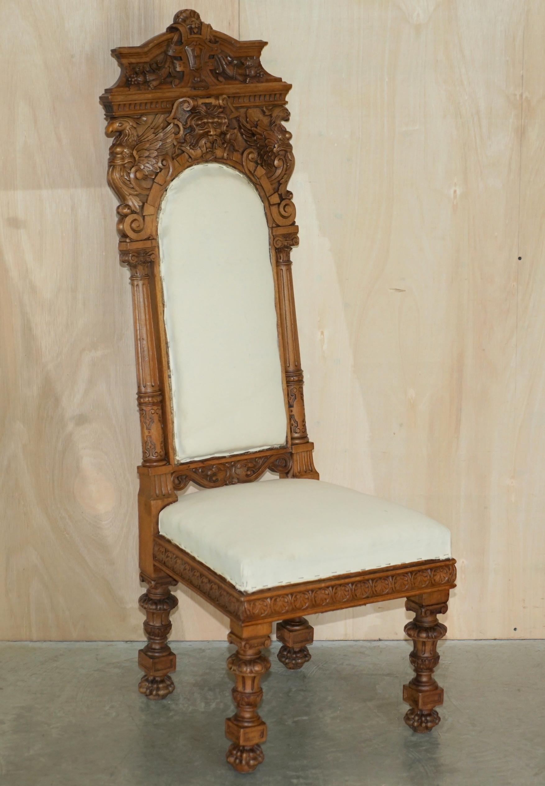 We are delighted to offer for sale this absolutely stunning pair of original, hand carved in solid walnut, Italian high back throne chairs .

These are pure art furniture from every angle, the old upholstery had perished and has been removed, they