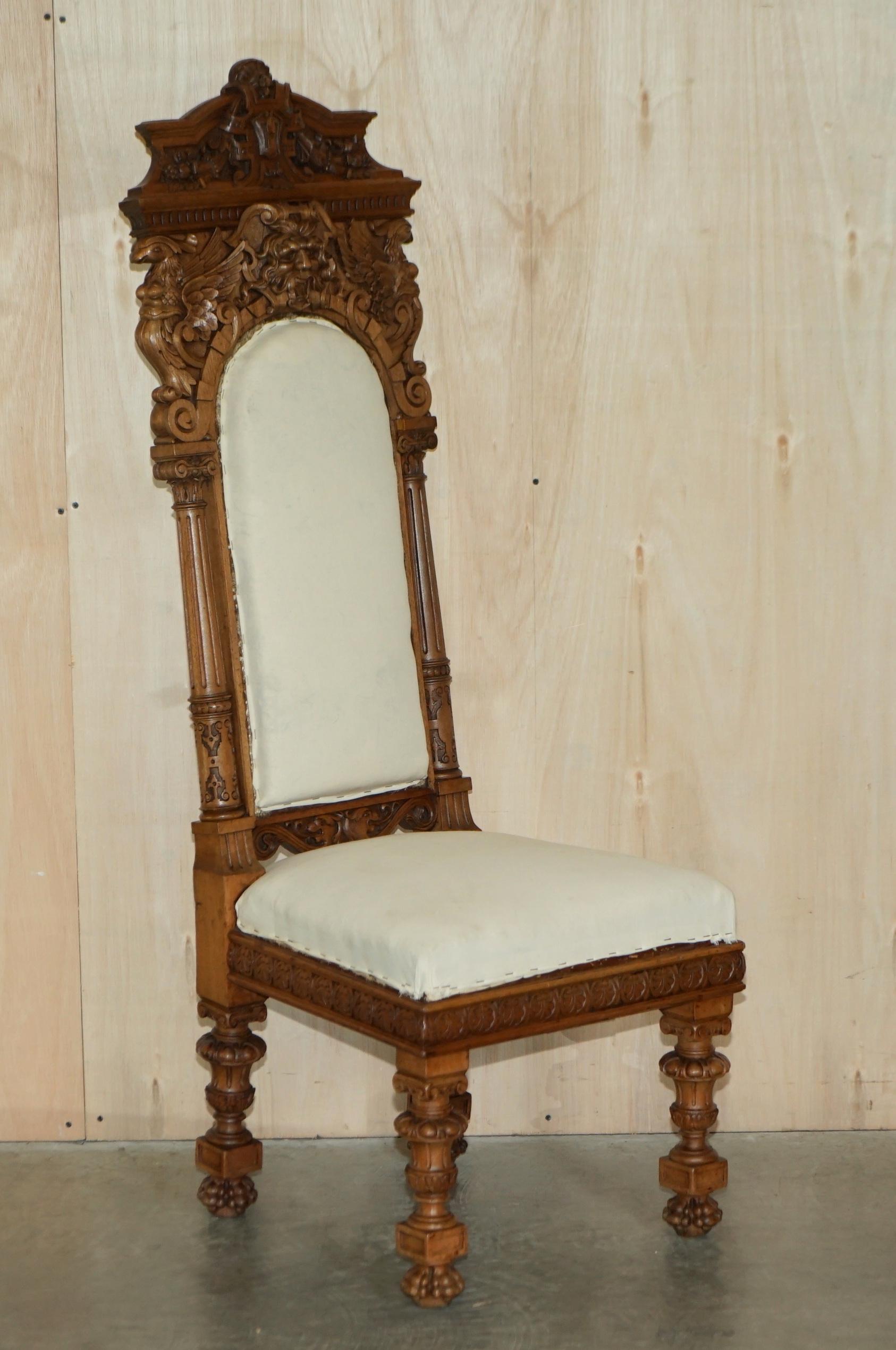 Pair of Ornate Carved Antique Italian Throne Chairs with Griffins / Dragons For Sale 13