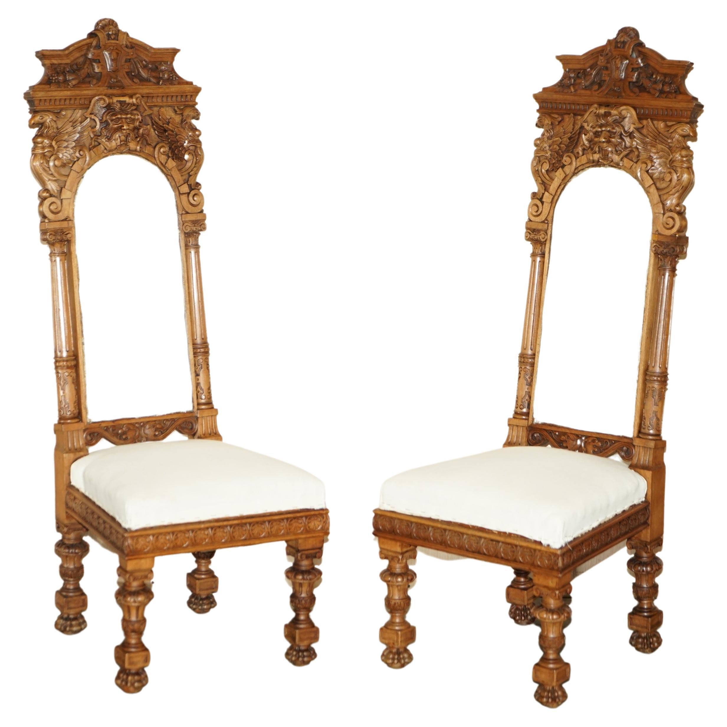 Pair of Ornate Carved Antique Italian Throne Chairs with Griffins / Dragons