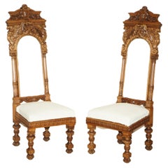 Pair of Ornate Carved Antique Italian Throne Chairs with Griffins / Dragons
