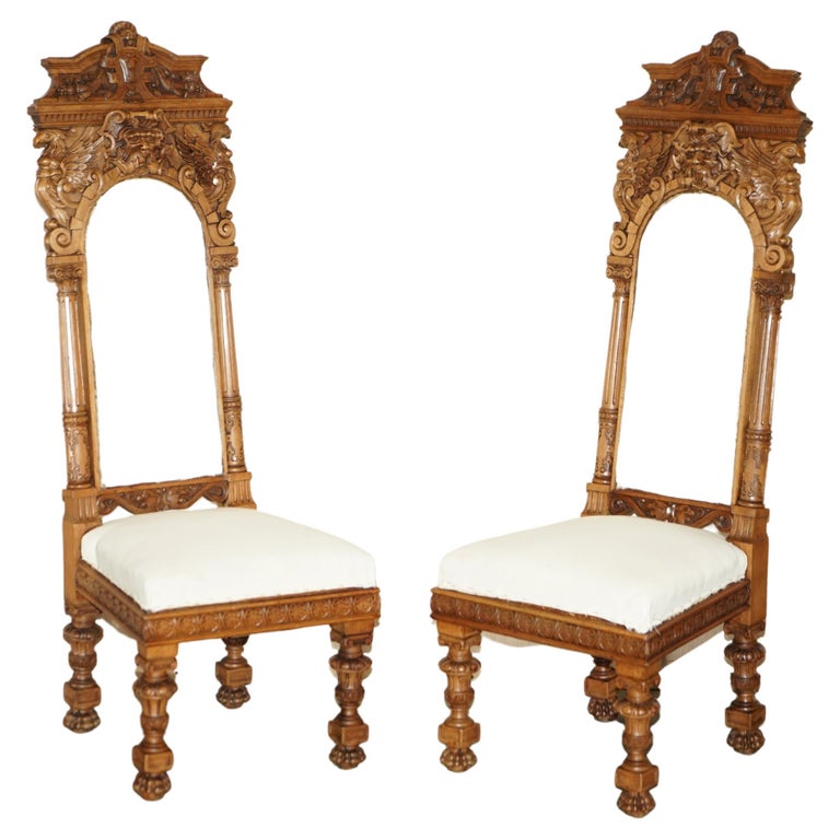 Pair of Ornate Carved Antique Italian Throne Chairs with Griffins