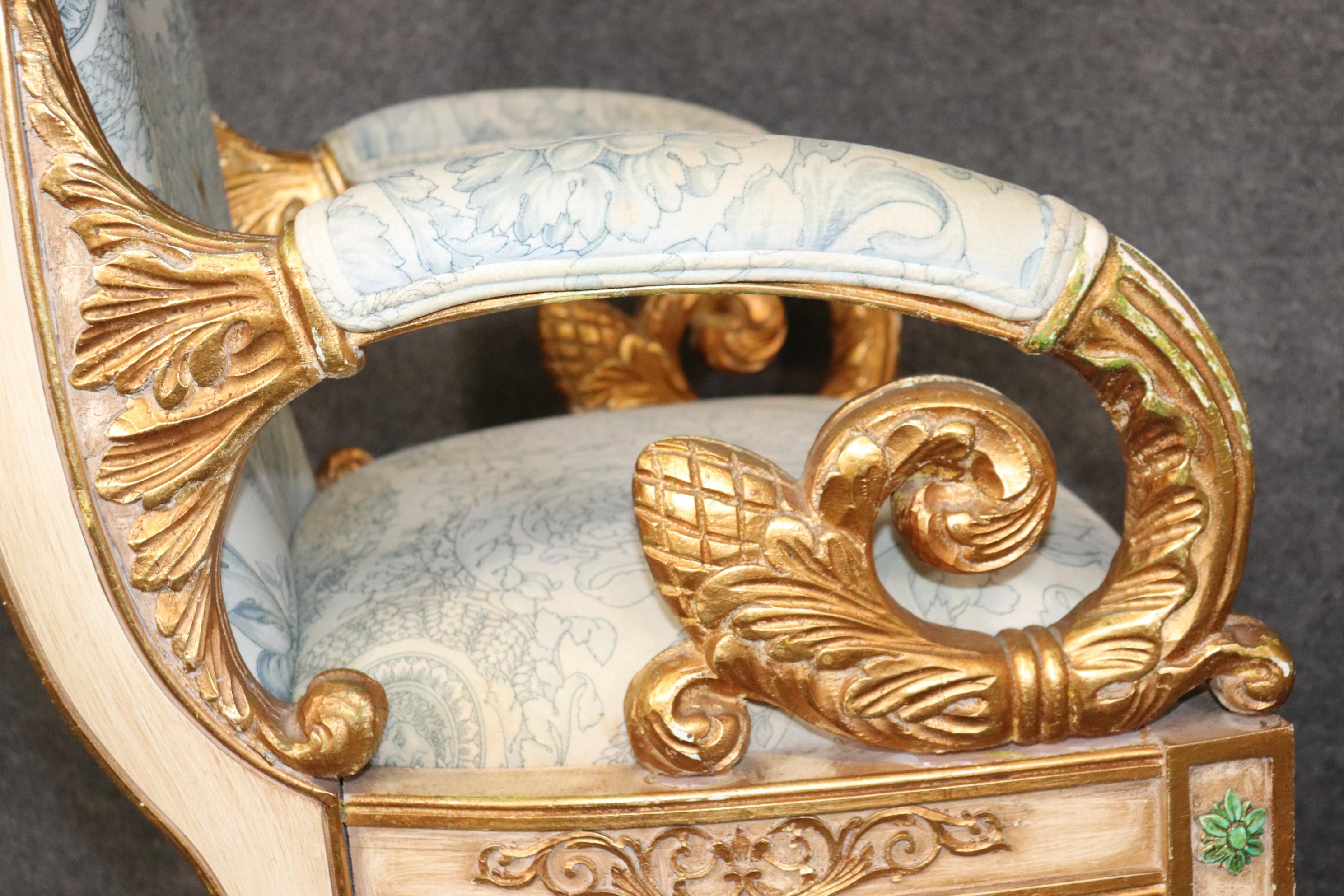 Pair of Ornate Carved Gold Leaf Gilded French Armchairs Circa 1940 For Sale 6