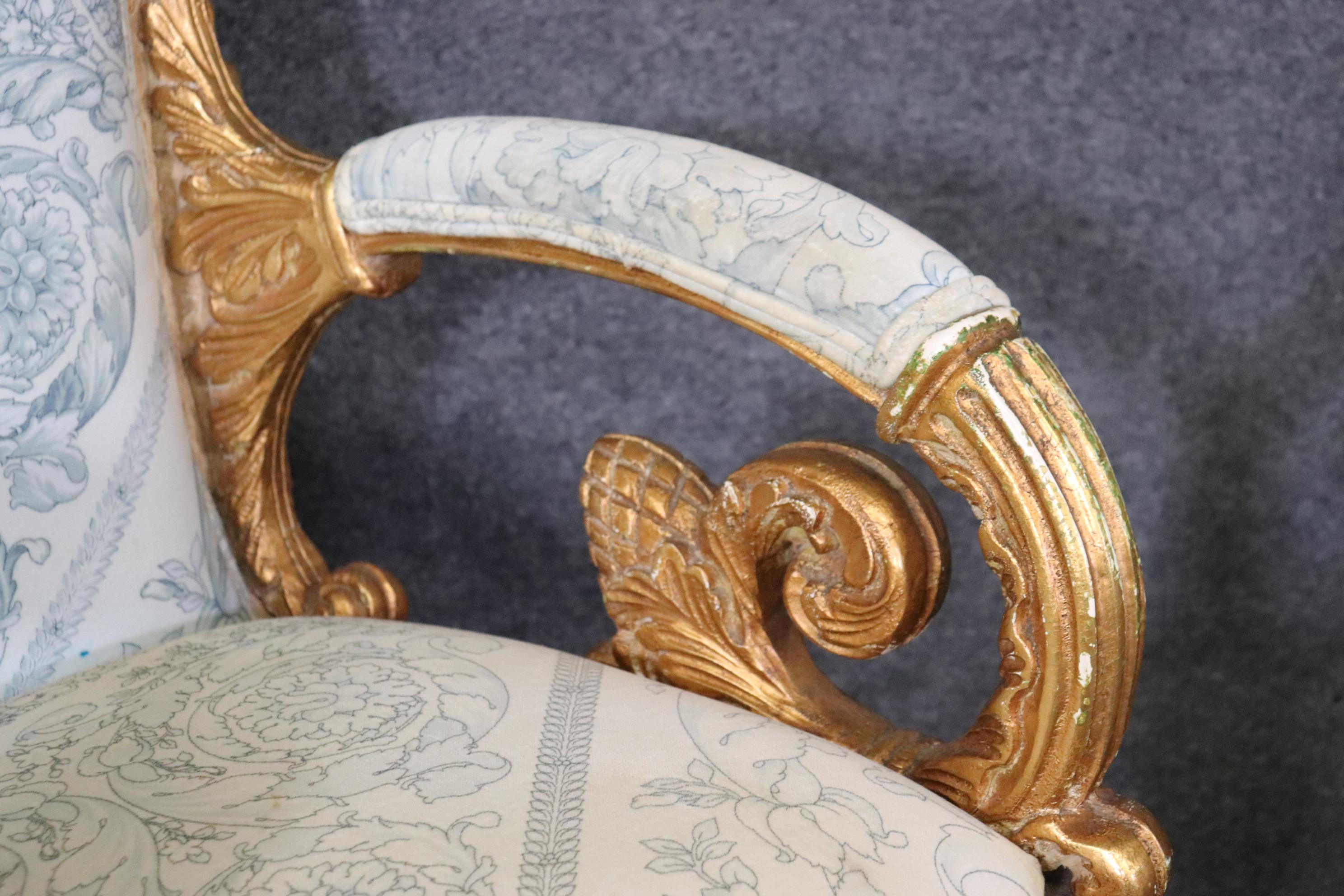 Pair of Ornate Carved Gold Leaf Gilded French Armchairs Circa 1940 For Sale 3