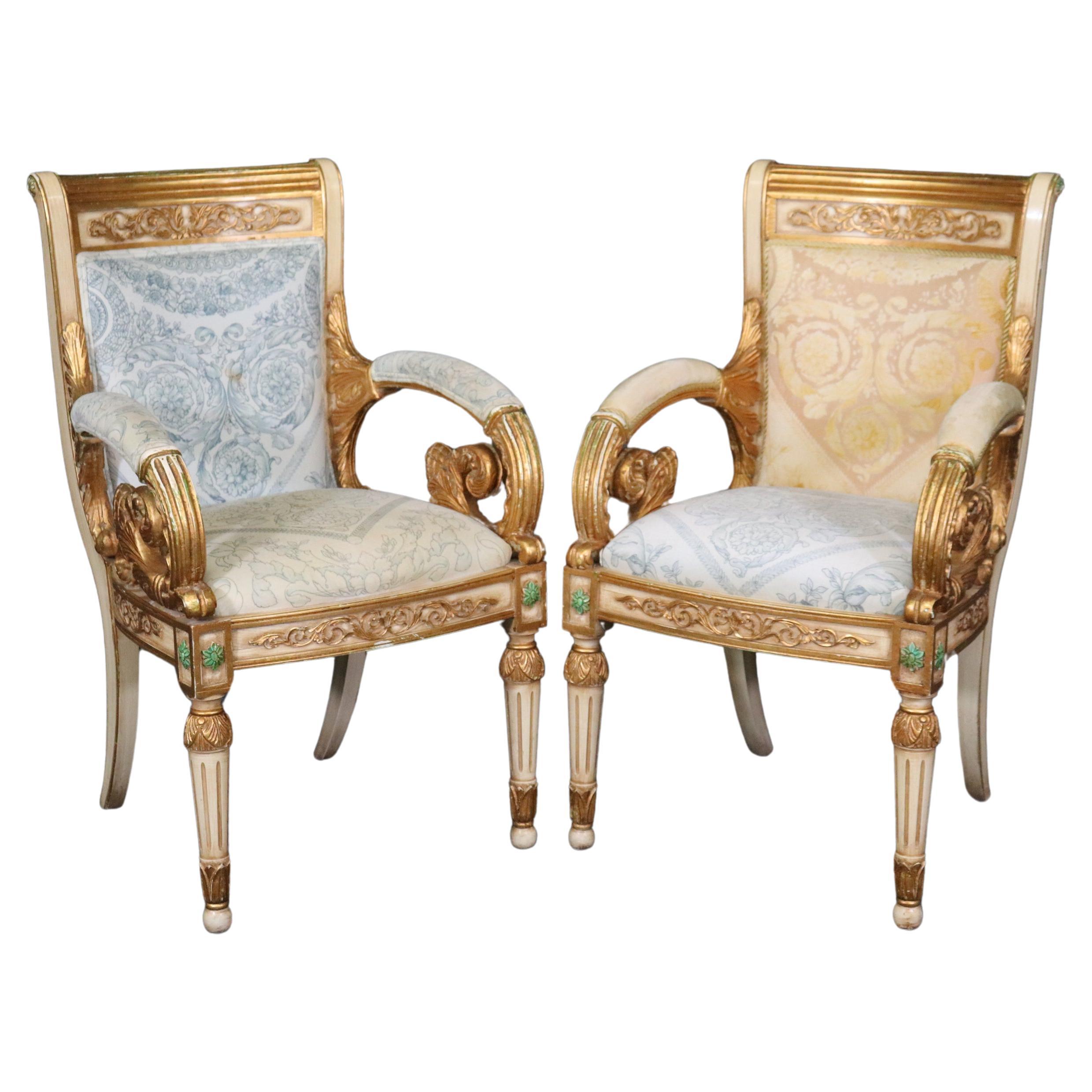 Pair of Ornate Carved Gold Leaf Gilded French Armchairs Circa 1940 For Sale