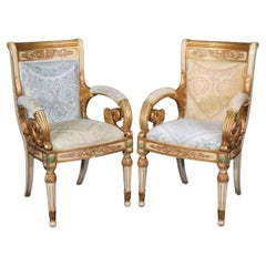 Vintage Pair of Ornate Carved Gold Leaf Gilded French Armchairs Circa 1940