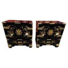 Pair of Ornate Chinoiserie Painted 3 Drawer Cabinets with Brass Accents