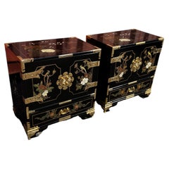 Pair of Ornate Chinoiserie Painted 3 Drawer Cabinets with Brass Accents