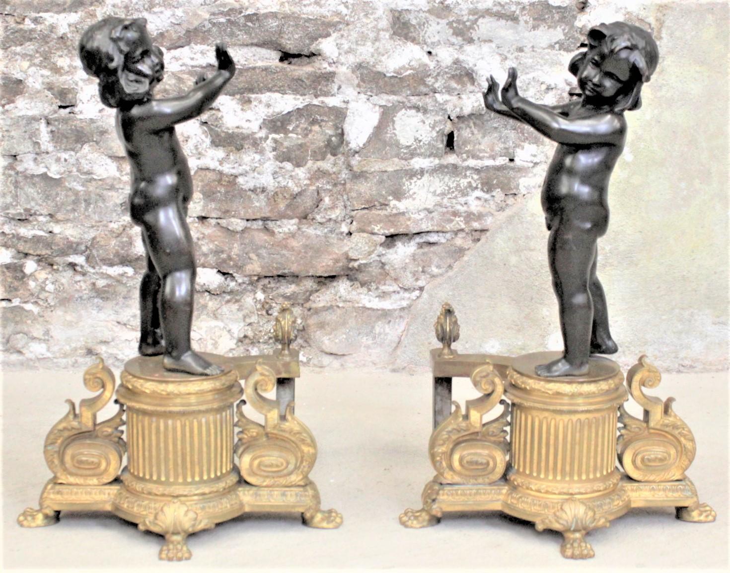 Pair of Ornate French Patinated and Gilt Bronze Figural Chenets or Andirons For Sale 12
