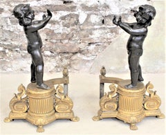 Pair of Ornate French Patinated and Gilt Bronze Figural Chenets or Andirons