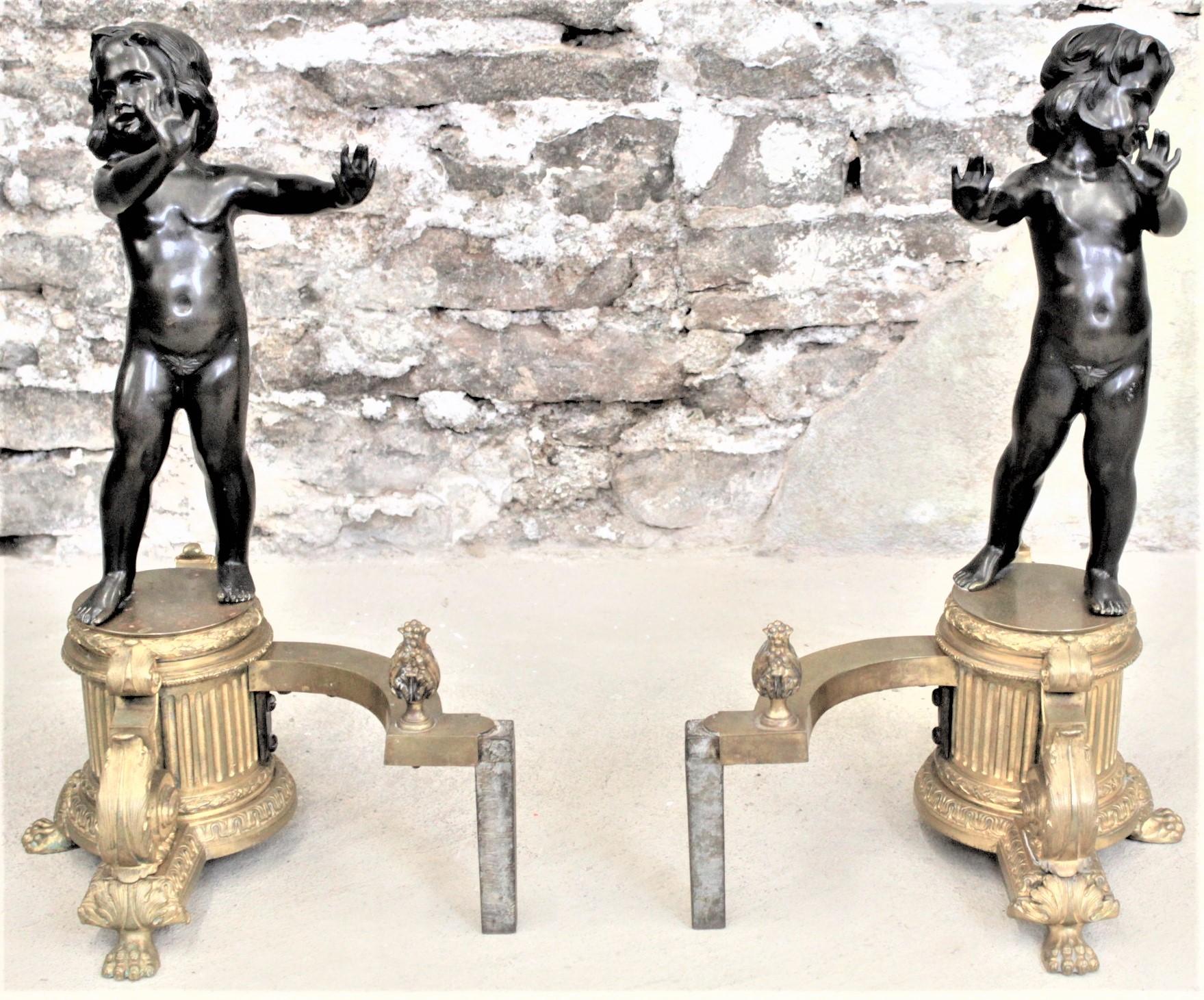 Louis XVI Pair of Ornate French Patinated and Gilt Bronze Figural Chenets or Andirons For Sale
