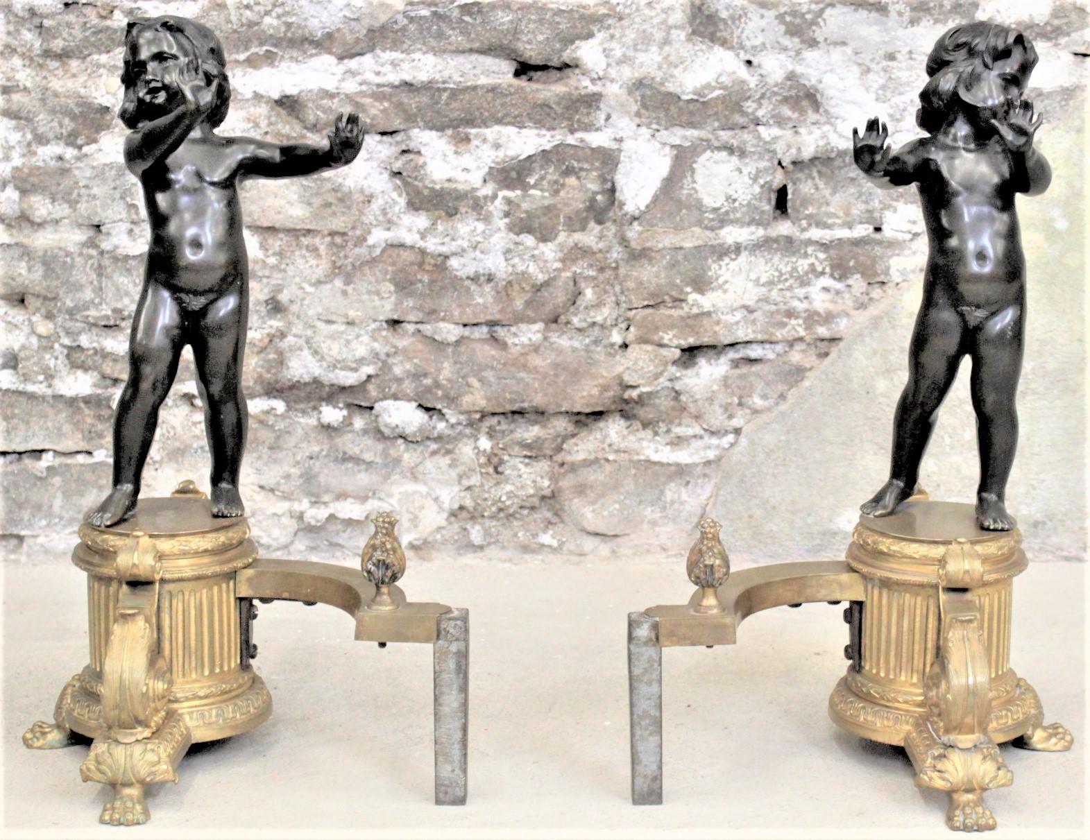 Pair of Ornate French Patinated and Gilt Bronze Figural Chenets or Andirons In Good Condition For Sale In Hamilton, Ontario