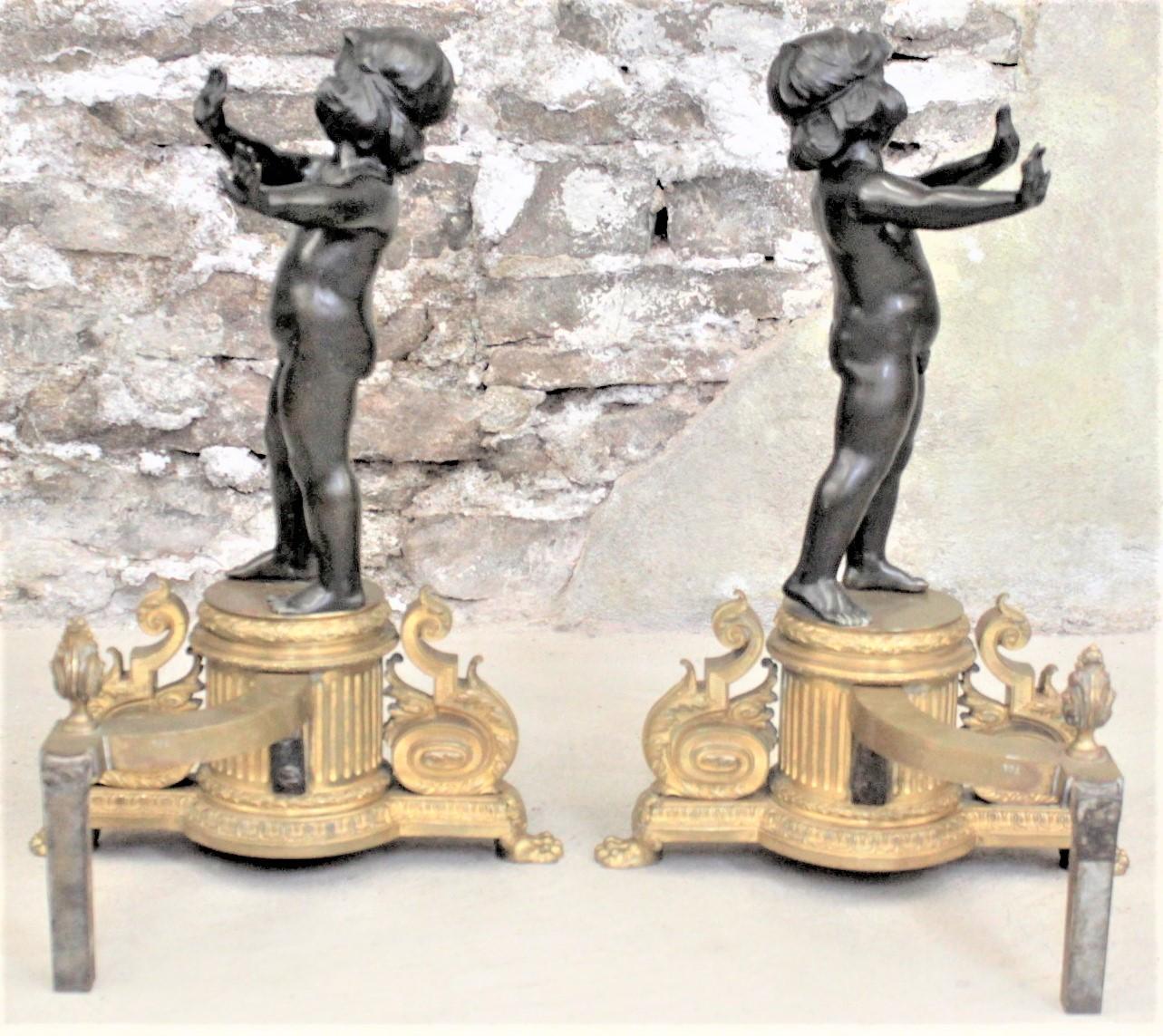 19th Century Pair of Ornate French Patinated and Gilt Bronze Figural Chenets or Andirons For Sale