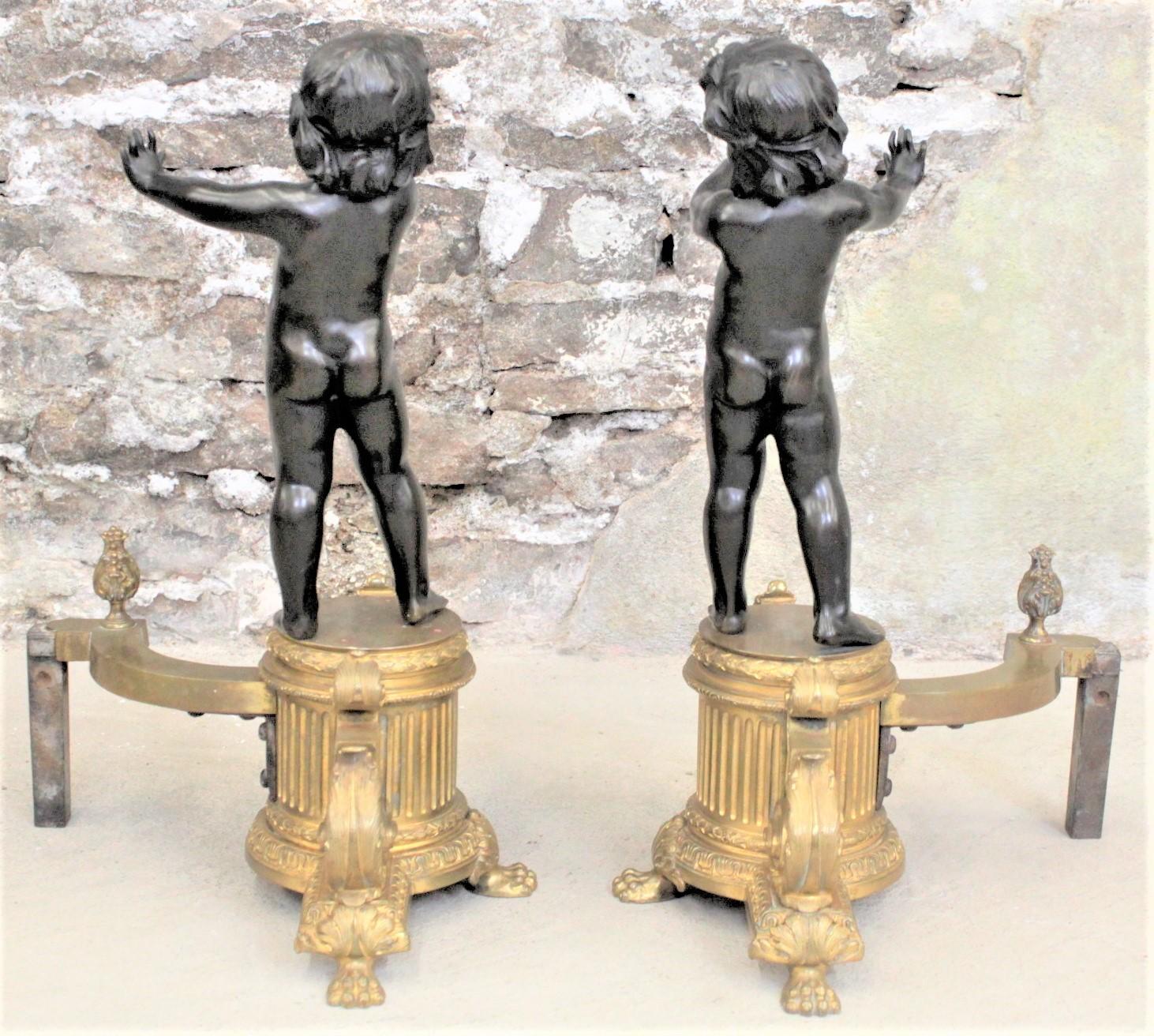 Pair of Ornate French Patinated and Gilt Bronze Figural Chenets or Andirons For Sale 1