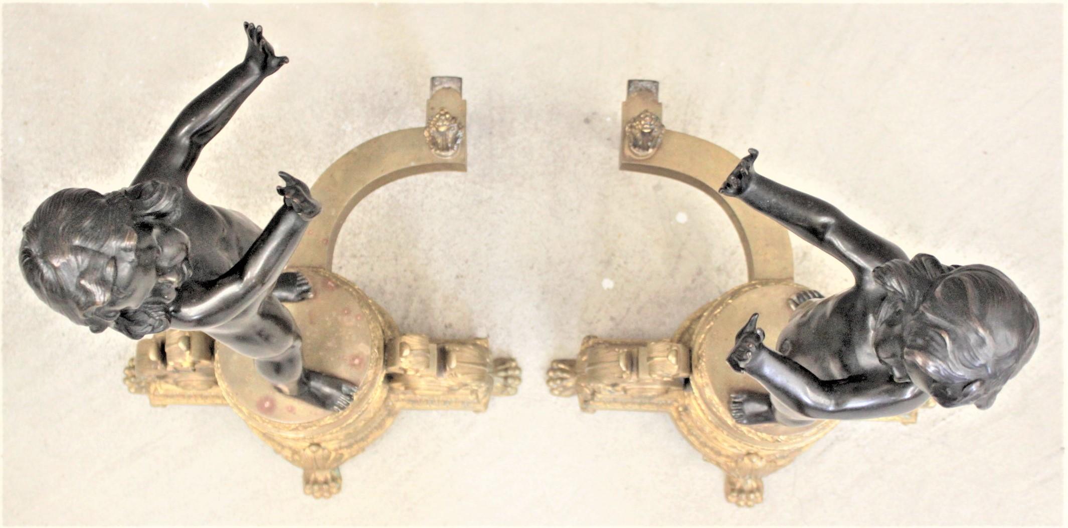 Pair of Ornate French Patinated and Gilt Bronze Figural Chenets or Andirons For Sale 2