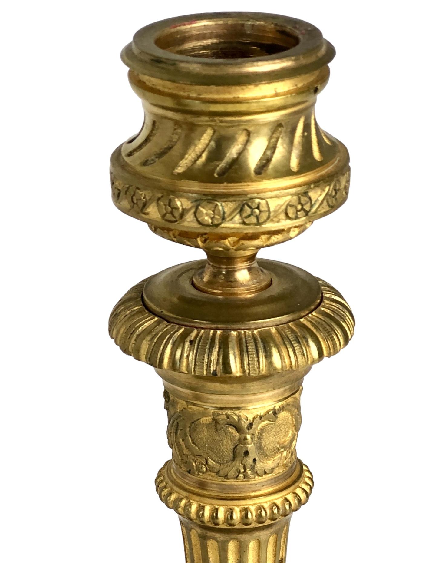 Louis XVI Pair of Ornate Gilt Bronze Candlesticks, 19th Century
