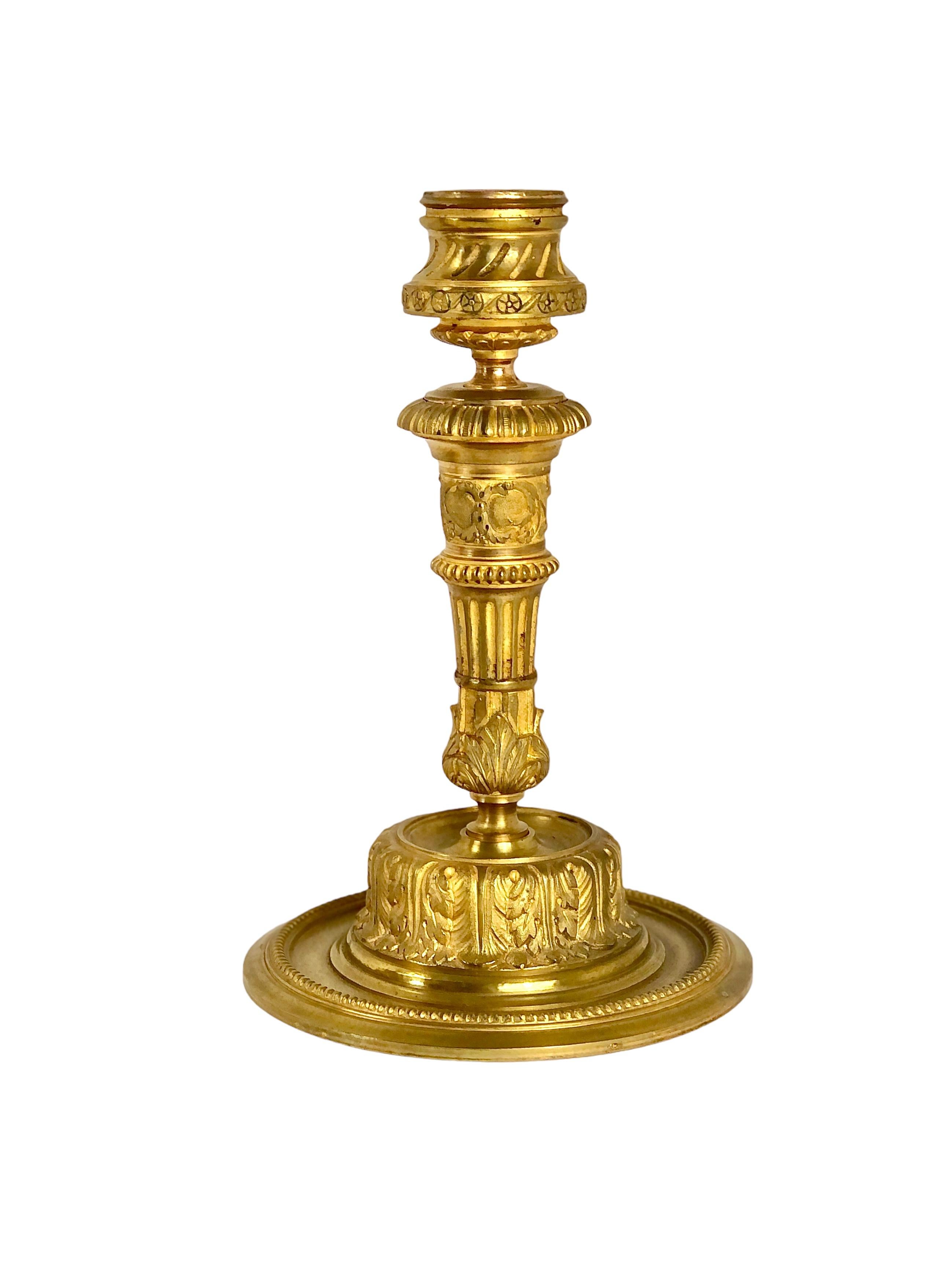 French Pair of Ornate Gilt Bronze Candlesticks, 19th Century