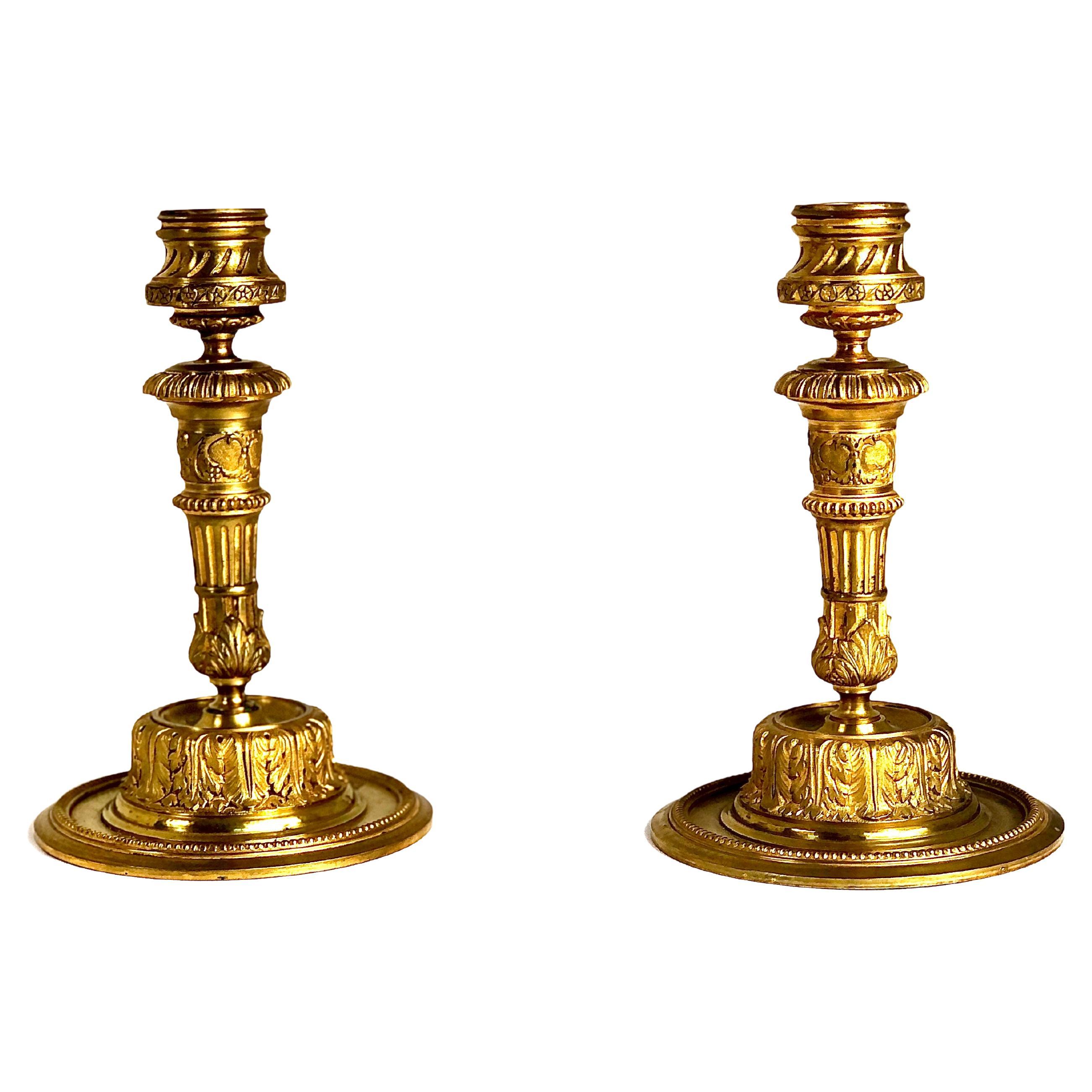Pair of Ornate Gilt Bronze Candlesticks, 19th Century