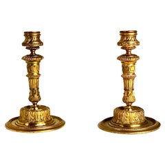 Antique Pair of Ornate Gilt Bronze Candlesticks, 19th Century