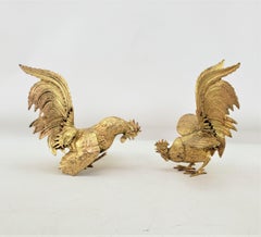 Pair of Ornate Gilt Finished Fighting Rooster or Cockerel Table Sculptures