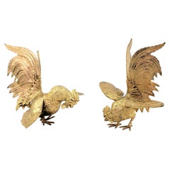 Pair of Ornate Gilt Finished Fighting Rooster or Cockerel Table Sculptures