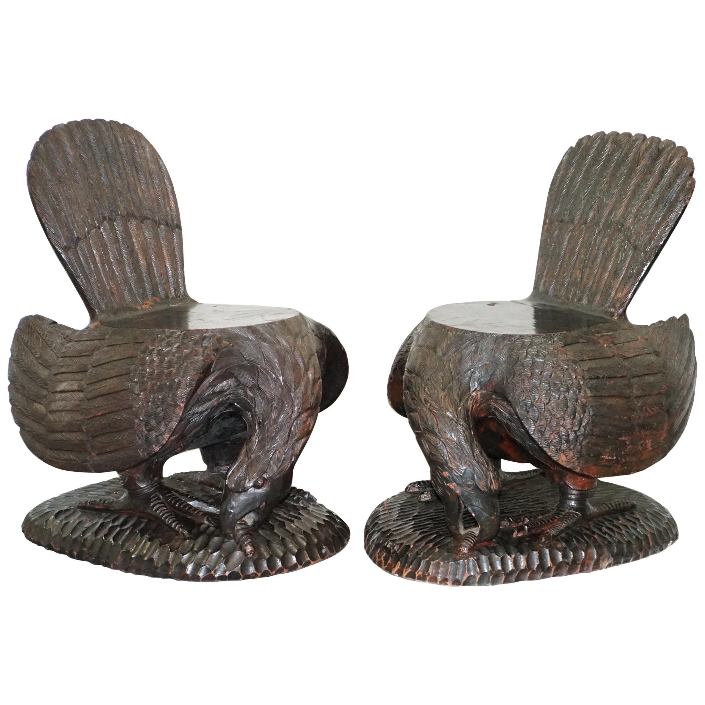 Pair of Ornate Hand Carved Solid Wood circa 1900 American Eagle Armchairs For Sale