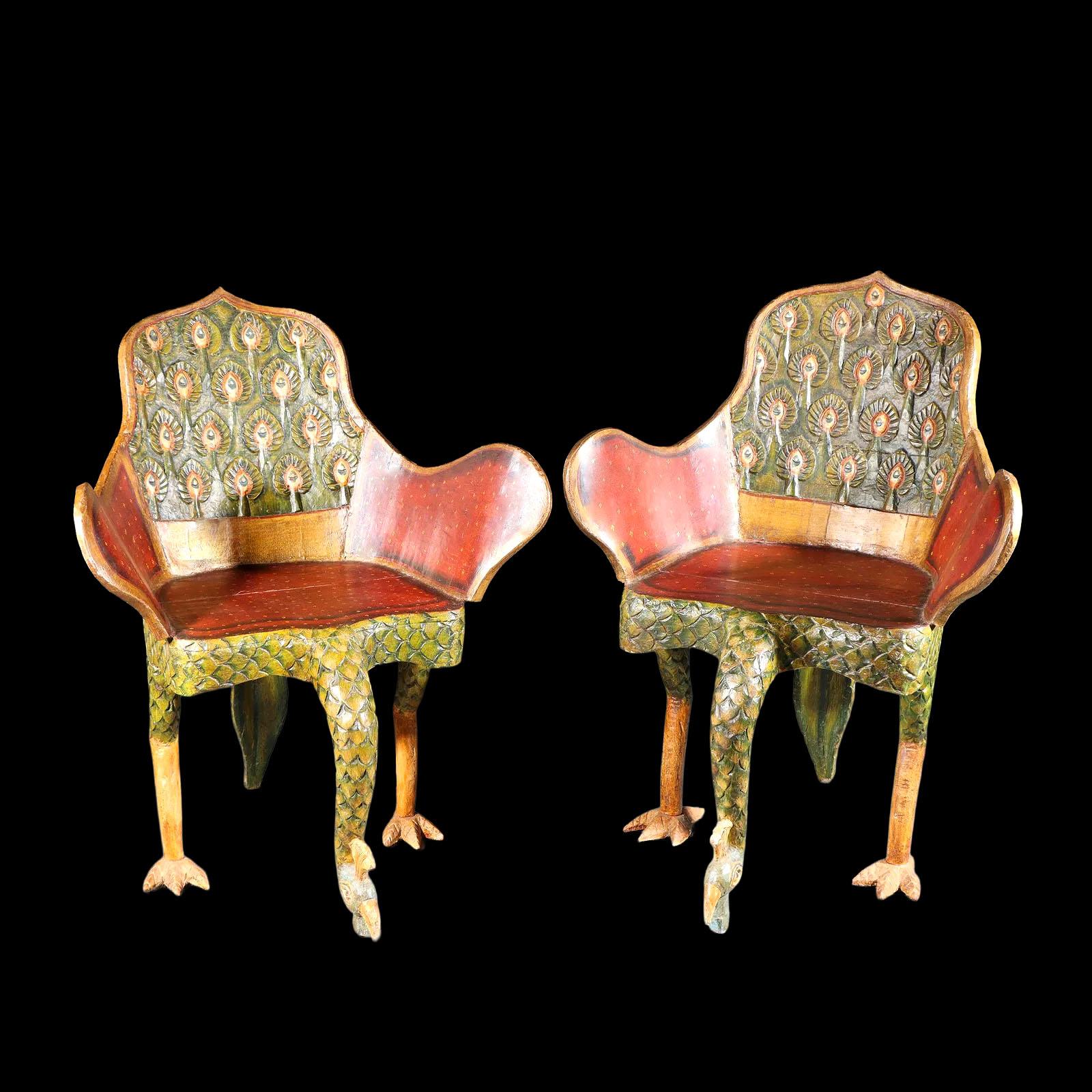 Pair of Ornate Hollywood Regency Hand Carved Polychrome Peacock Armchairs, in the Style of Tony Duquette.

A pair of ornate Indian hand-carved polychrome peacock armchairs, in the style of Tony Duquette. Each chair is formed with a high arched back