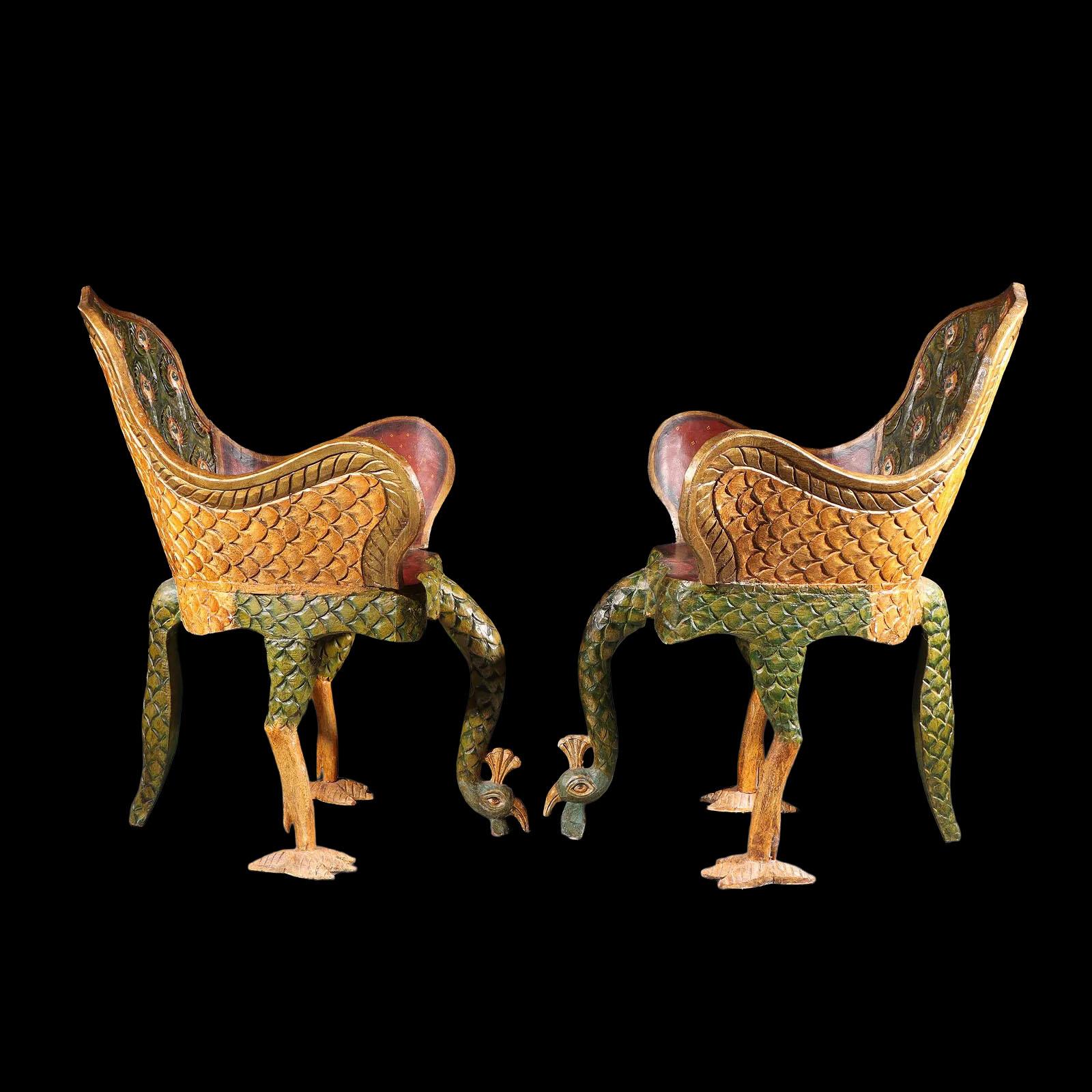 Indian Pair of Ornate Hollywood Regency Polychrome Peacock Armchairs, Tony Duquette For Sale