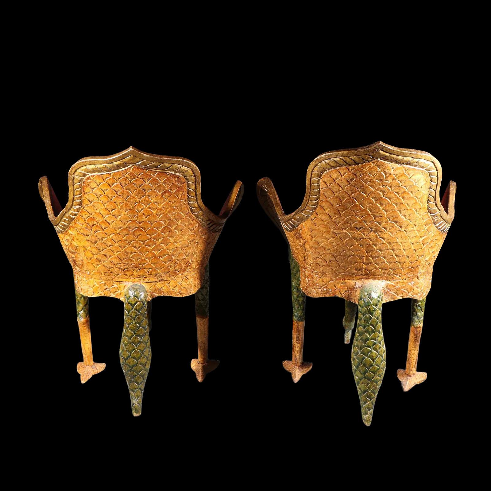 Pair of Ornate Hollywood Regency Polychrome Peacock Armchairs, Tony Duquette In Good Condition For Sale In New York, NY
