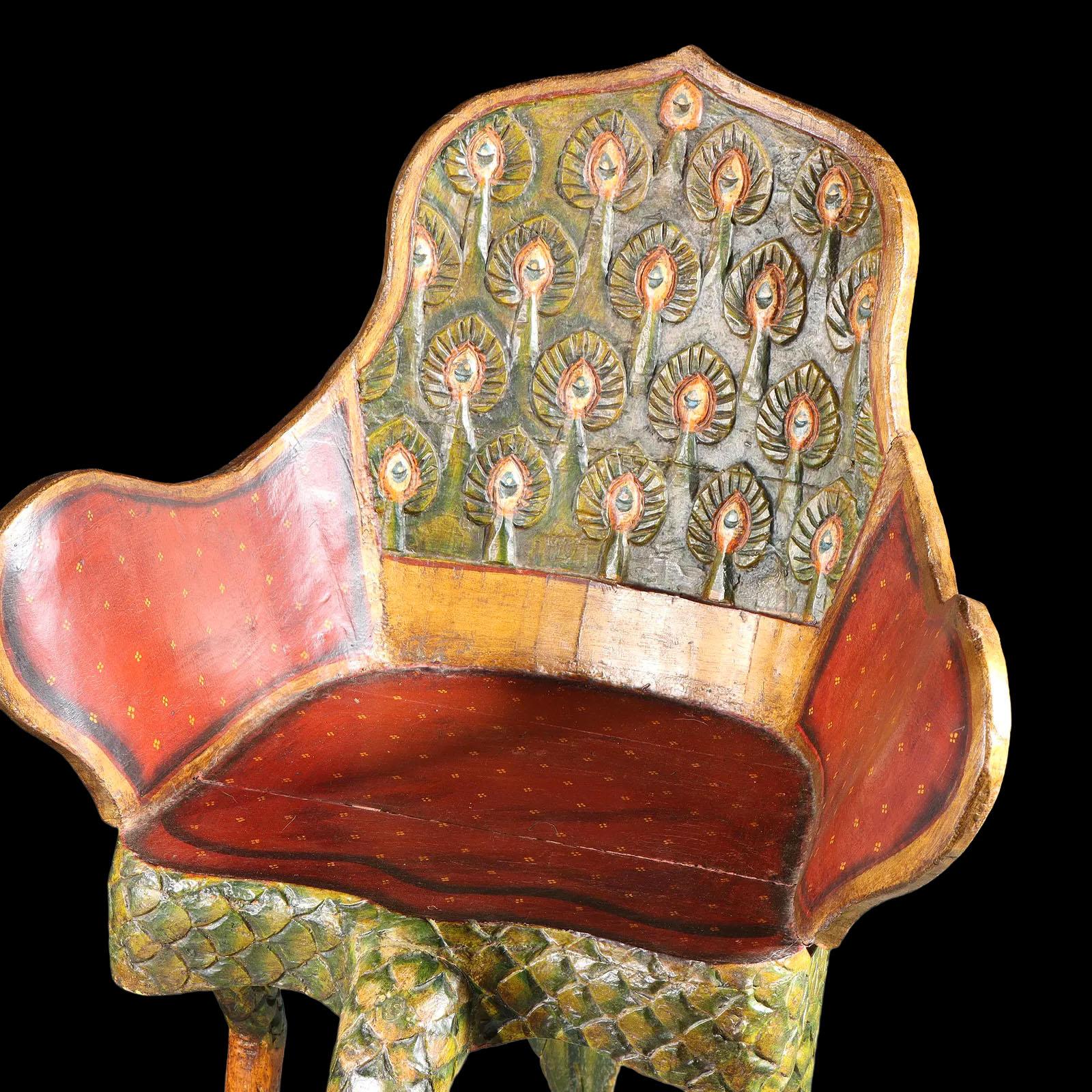Late 19th Century Pair of Ornate Hollywood Regency Polychrome Peacock Armchairs, Tony Duquette For Sale