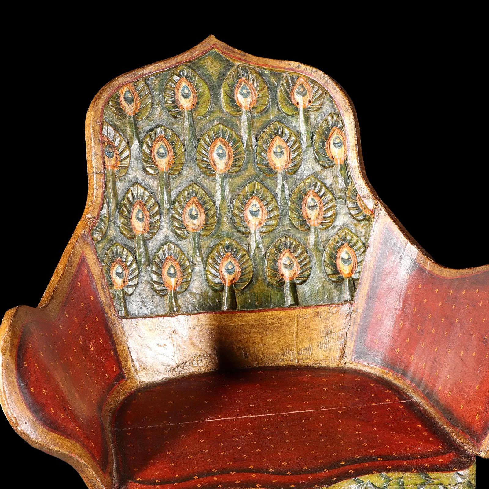 Hardwood Pair of Ornate Hollywood Regency Polychrome Peacock Armchairs, Tony Duquette For Sale