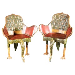 Pair of Ornate Hollywood Regency Polychrome Peacock Armchairs, Tony Duquette