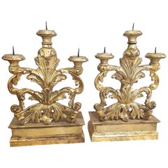 Pair of Ornate Italian Florentine Candelabra in Mecca Gilt Carved Wood