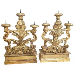 Pair of Ornate Italian Florentine Candelabra in Mecca Gilt Carved Wood