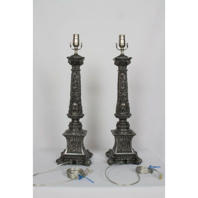 Rococo Revival Pair of Ornate Pewter Colored Banquet Lamps For Sale
