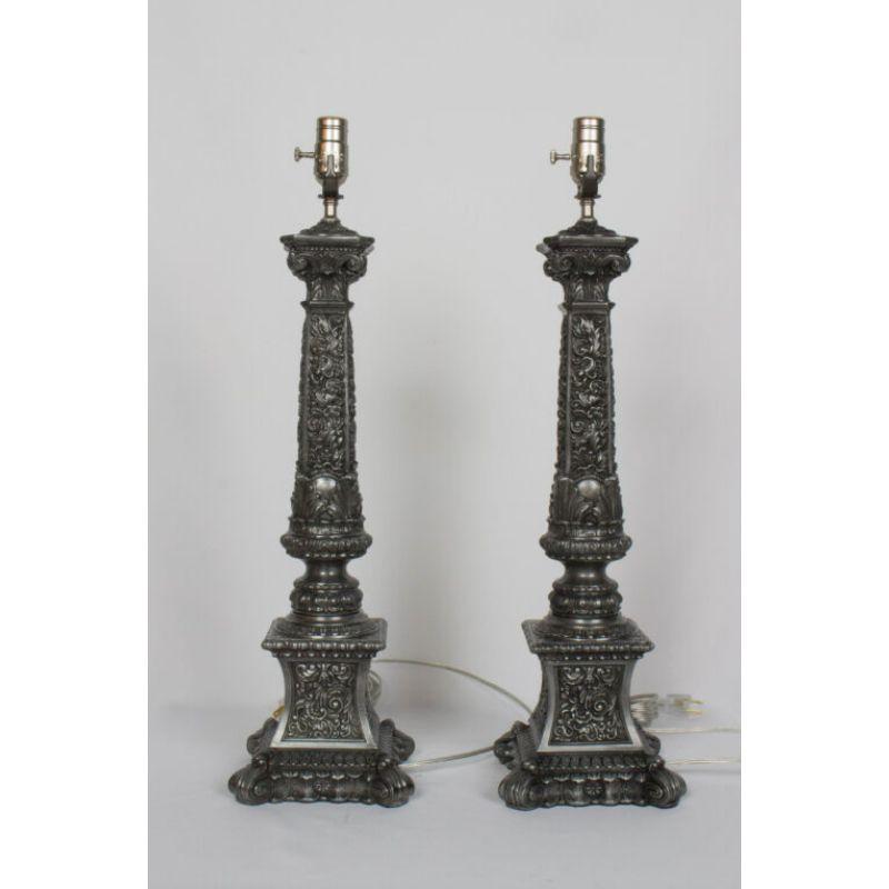 American Pair of Ornate Pewter Colored Banquet Lamps For Sale
