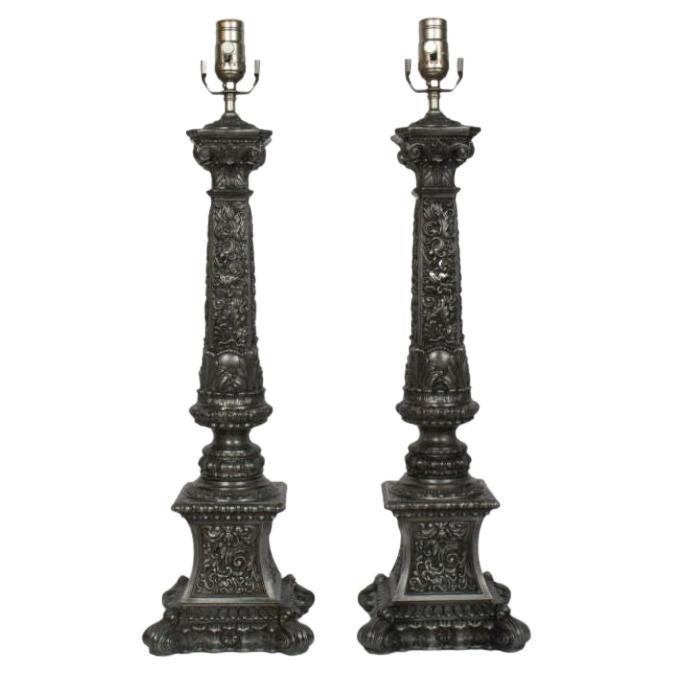 Pair of Ornate Pewter Colored Banquet Lamps For Sale