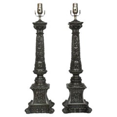 Vintage Pair of Ornate Pewter Colored Banquet Lamps