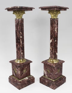Pair of Ornate Rouge Marble Column Pedestals