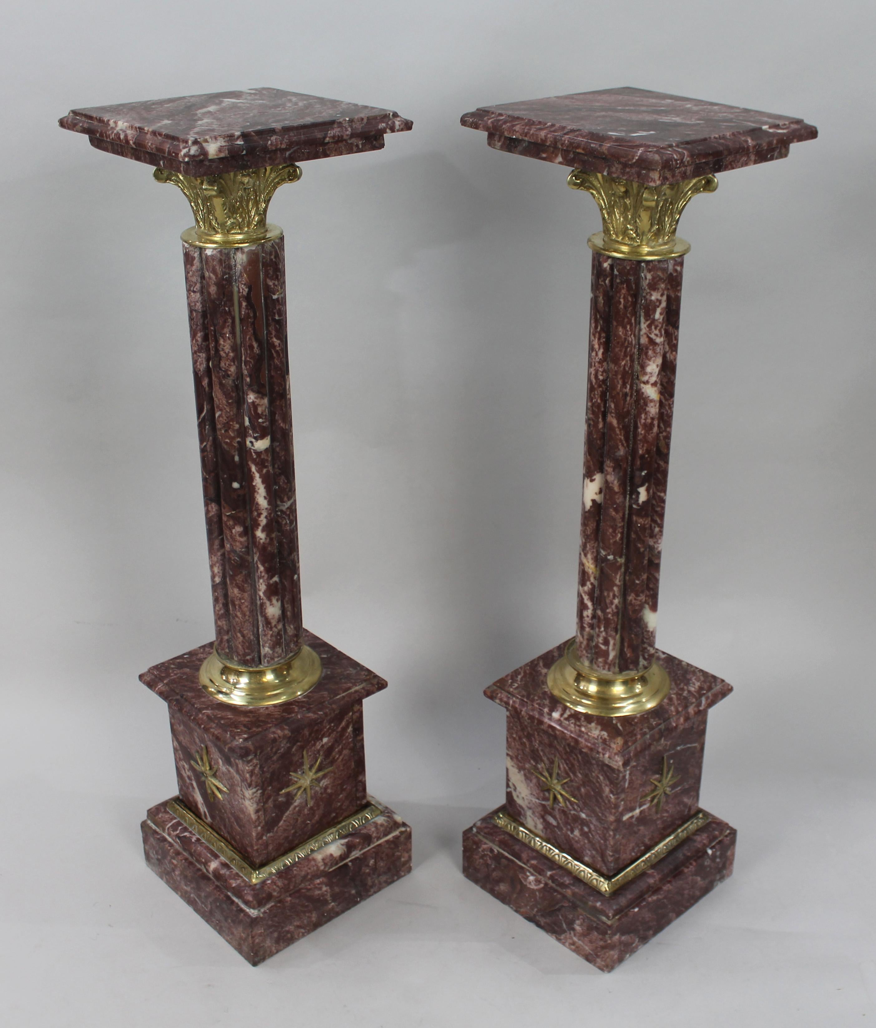 20th Century Pair of Ornate Rouge Marble Column Pedestals