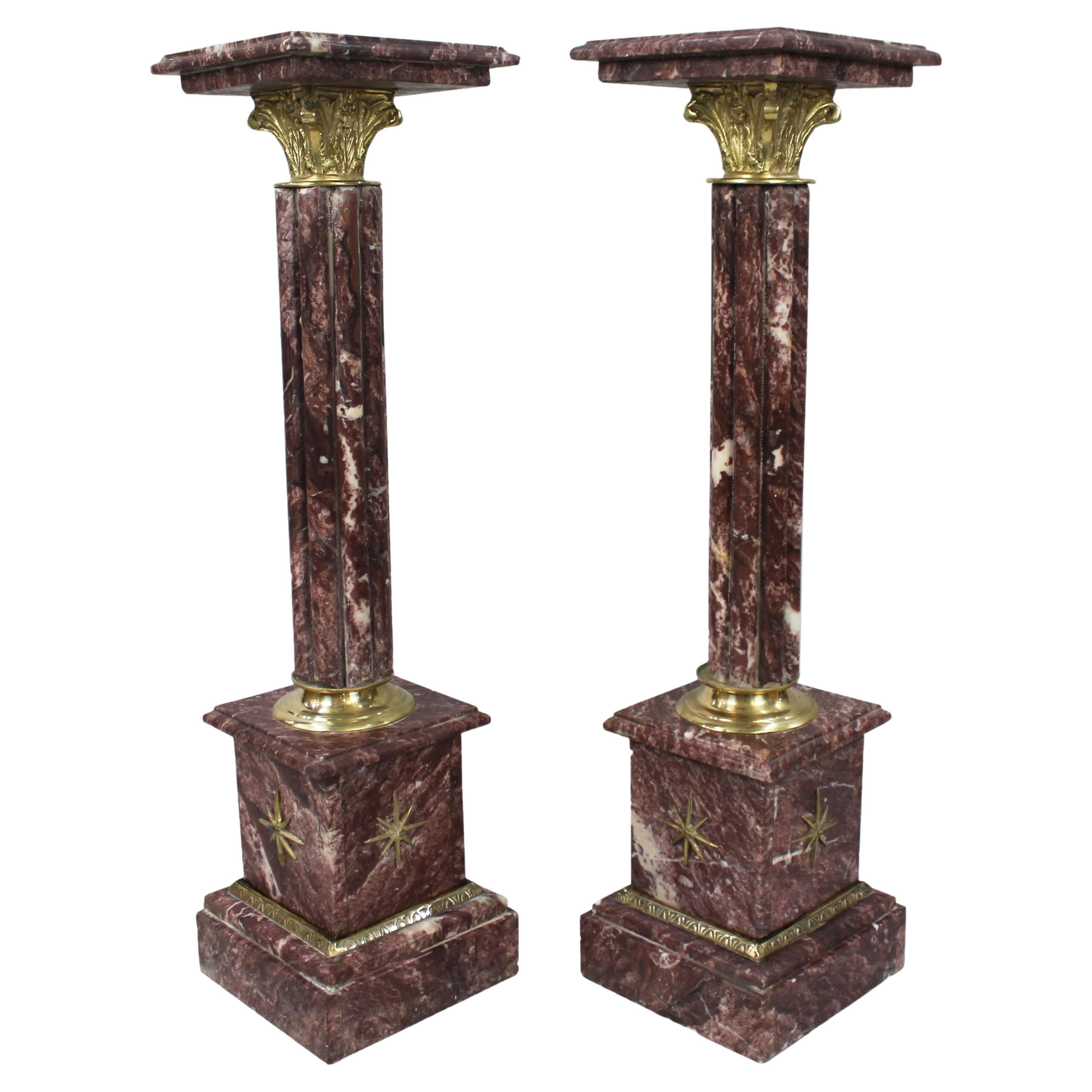 Pair of Ornate Rouge Marble Column Pedestals