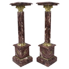 Pair of Ornate Rouge Marble Column Pedestals